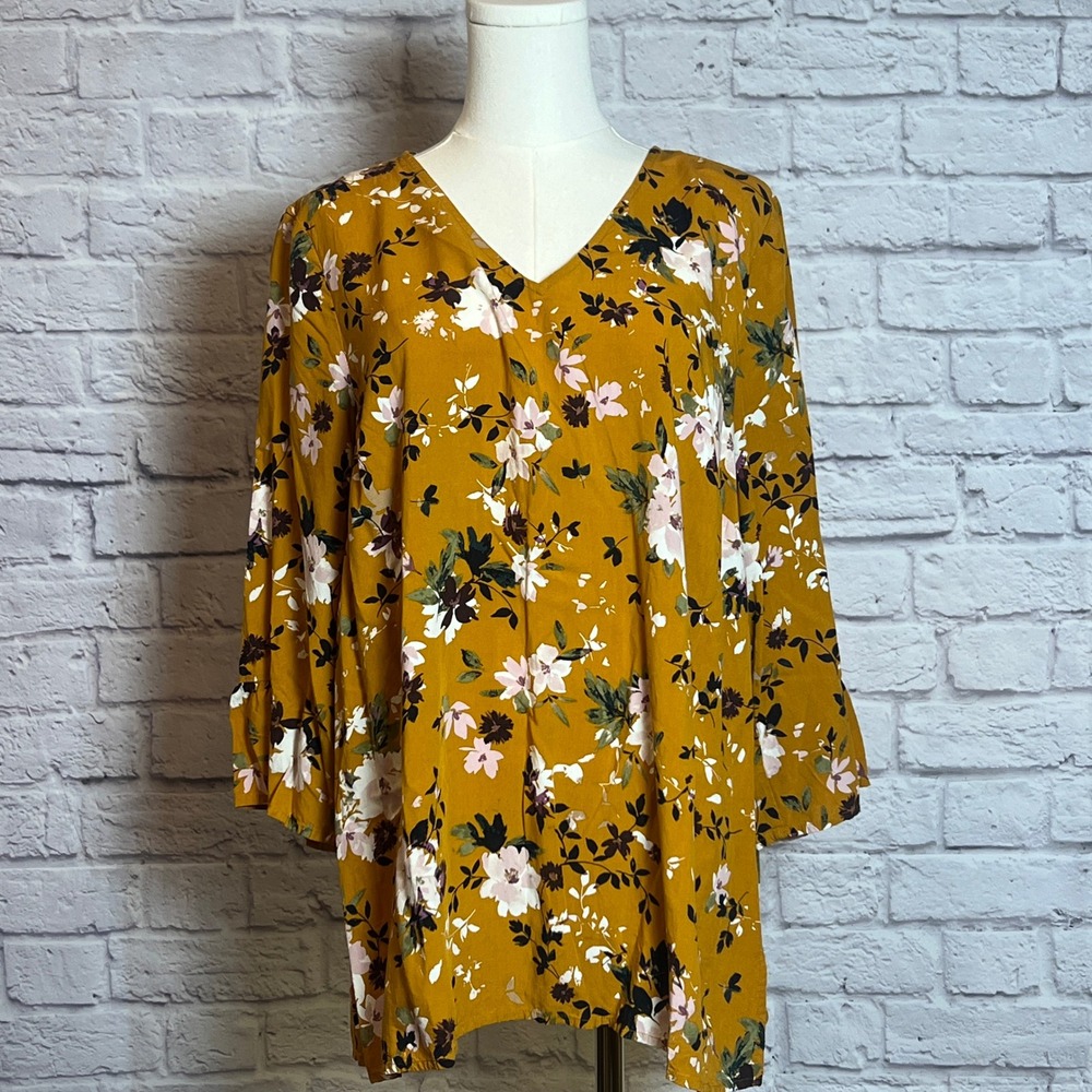 J.Jill Mustard Yellow Floral Print Blouse Women's Medium V-Neck